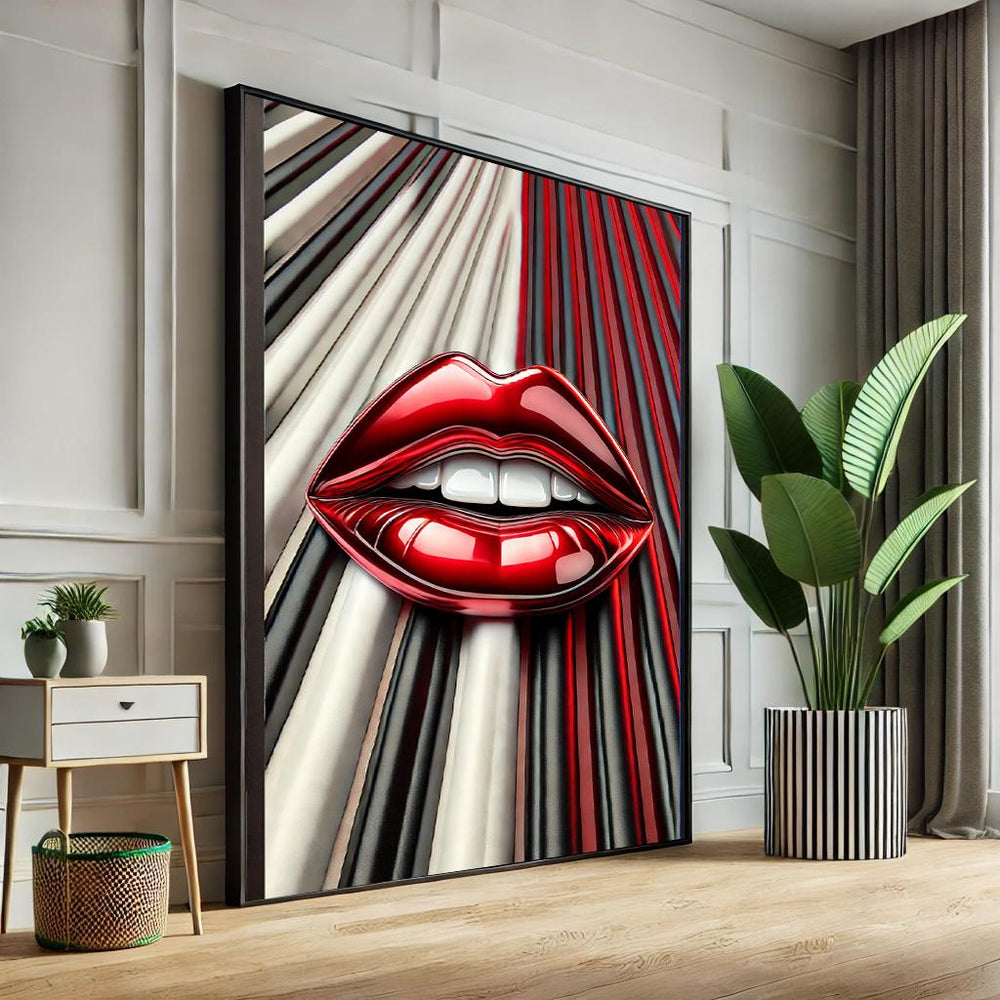 Abstract Lips Pop Art Canvas – Black & White Striped Wall Decor