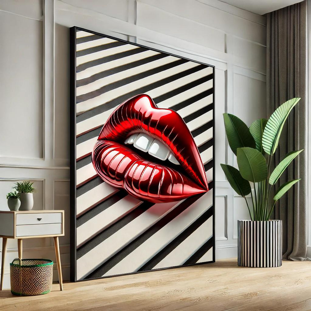 Abstract Lips Pop Art Canvas – Black & White Striped Wall Decor