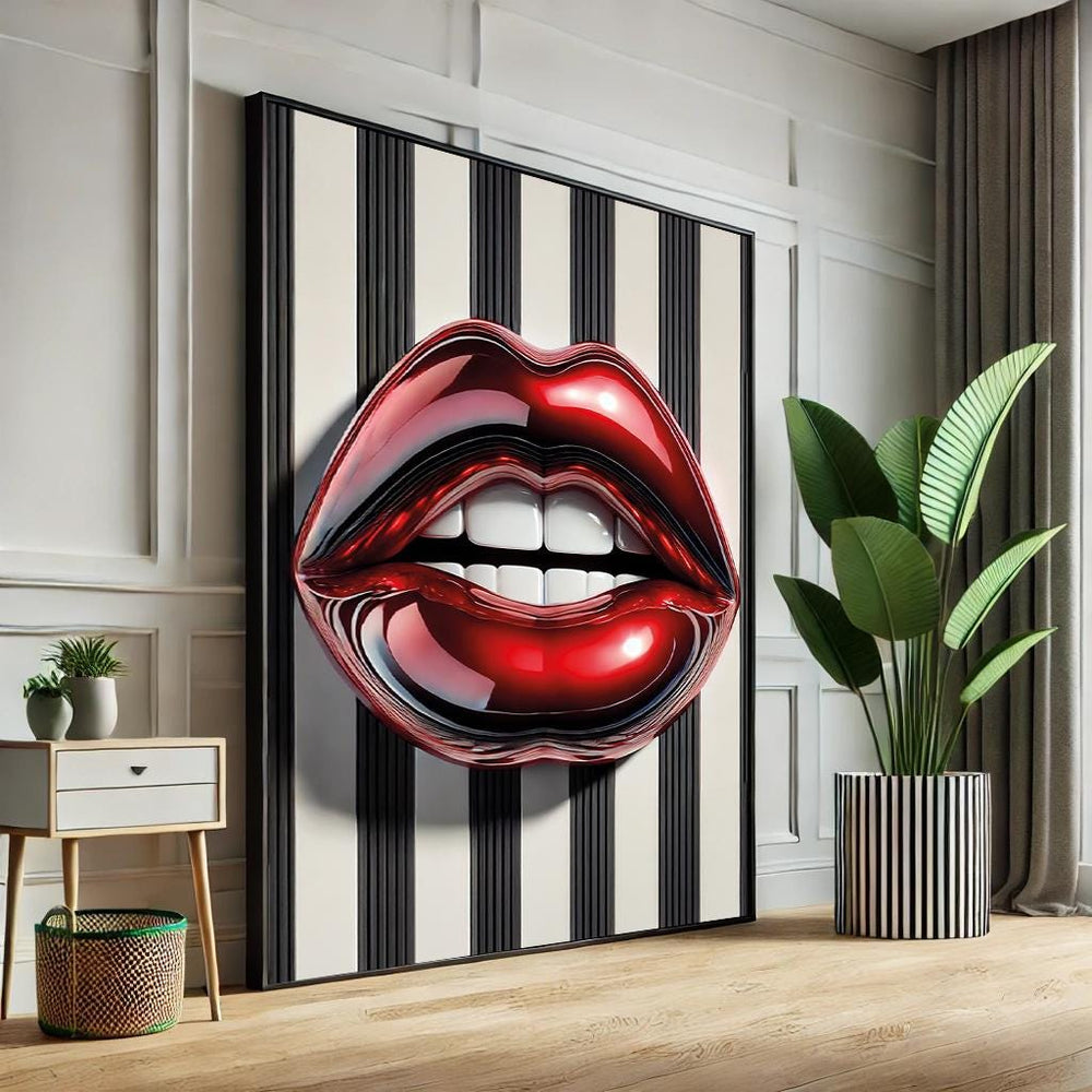 Abstract Lips Pop Art Canvas – Black & White Striped Wall Decor