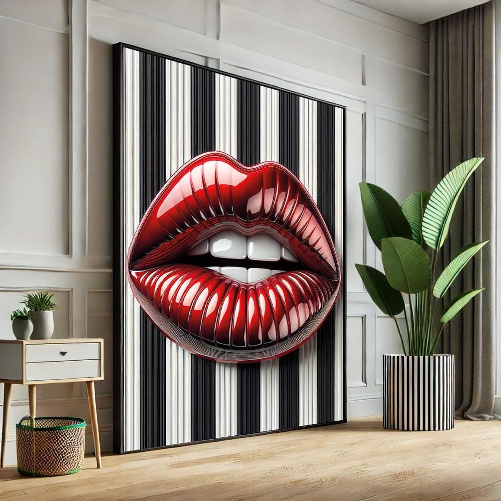 Abstract Lips Pop Art Canvas – Black & White Striped Wall Decor