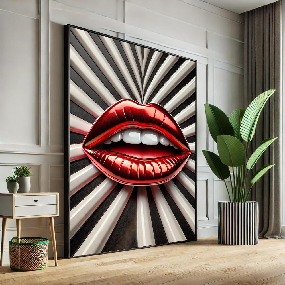 Abstract Lips Pop Art Canvas – Black & White Striped Wall Decor