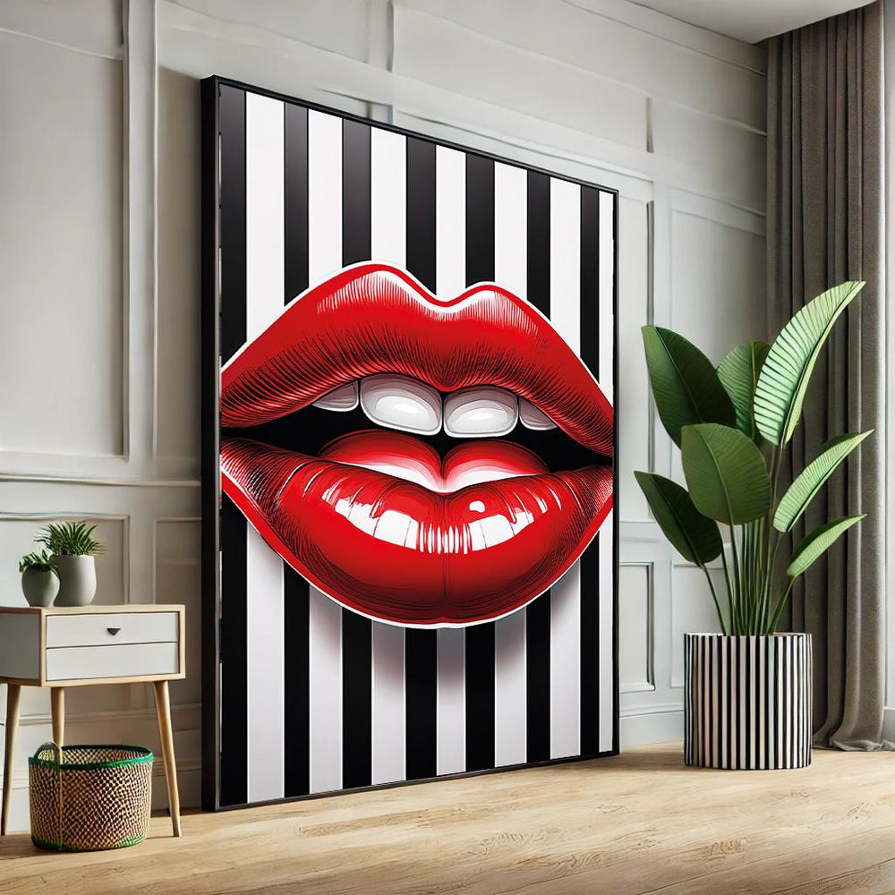 Abstract Lips Pop Art Canvas – Black & White Striped Wall Decor