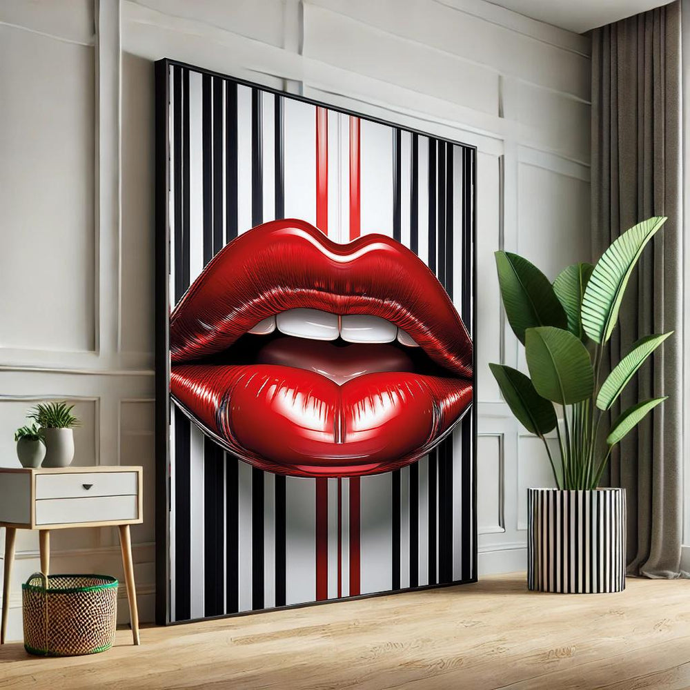 Abstract Lips Pop Art Canvas – Black & White Striped Wall Decor