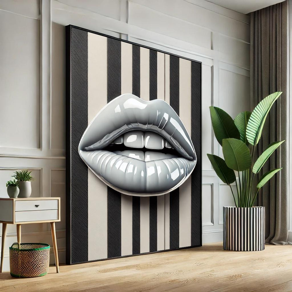 Abstract Lips Pop Art Canvas – Black & White Striped Wall Decor