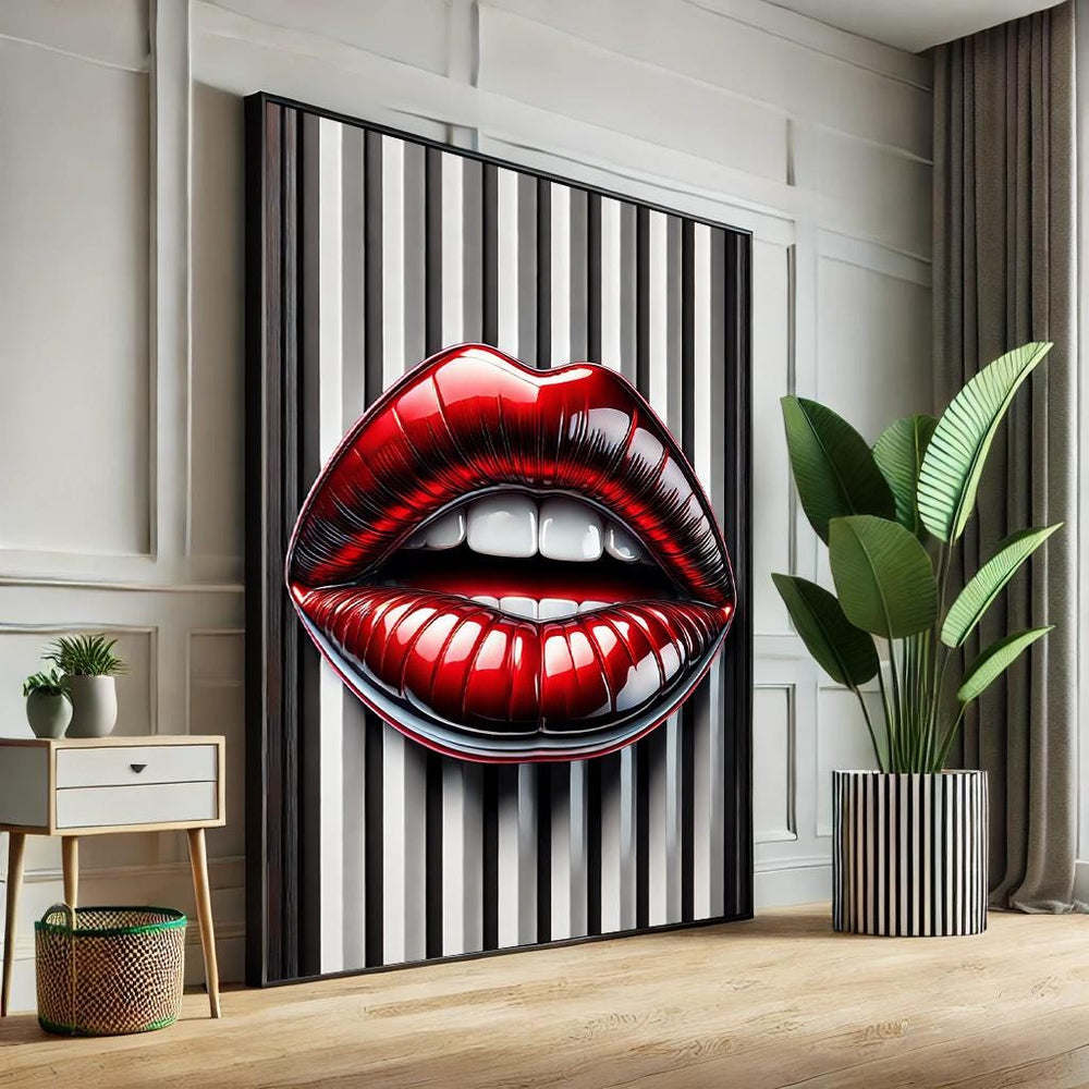 Abstract Lips Pop Art Canvas – Black & White Striped Wall Decor