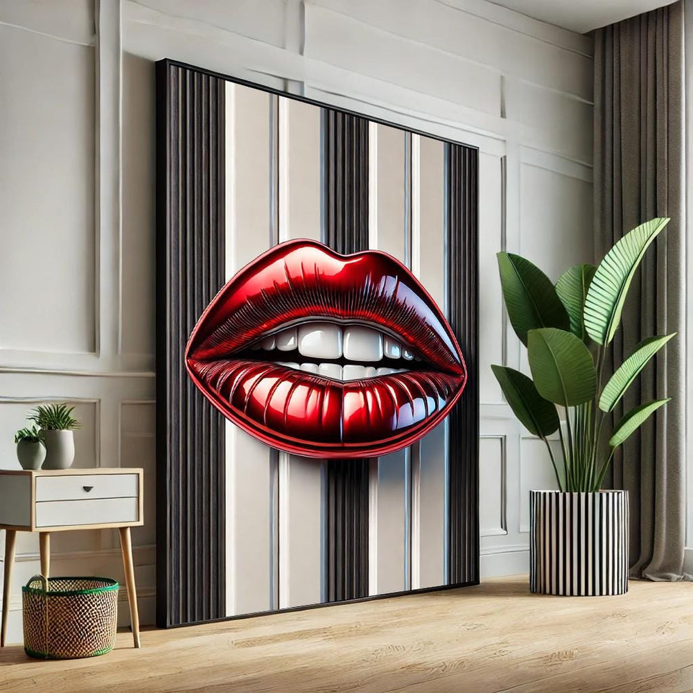 Abstract Lips Pop Art Canvas – Black & White Striped Wall Decor