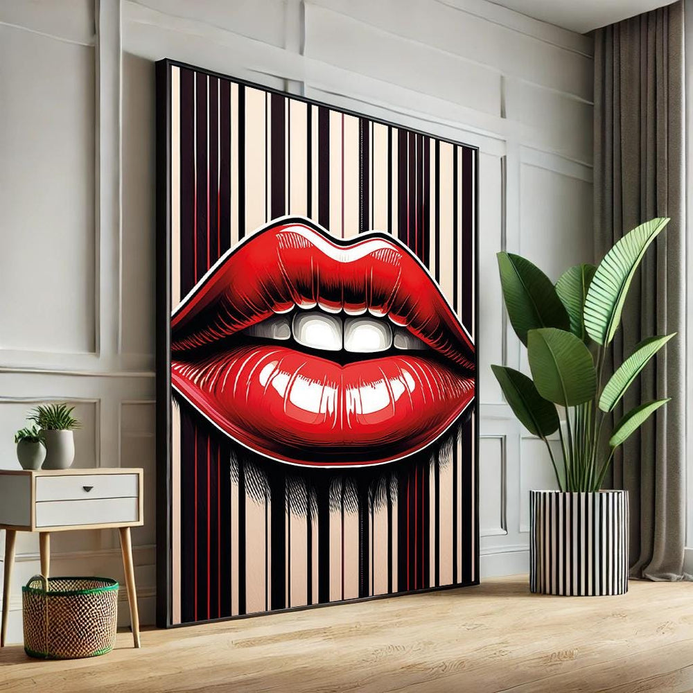 Abstract Lips Pop Art Canvas – Black & White Striped Wall Decor