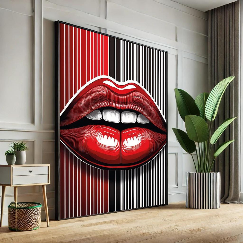 Abstract Lips Pop Art Canvas – Black & White Striped Wall Decor