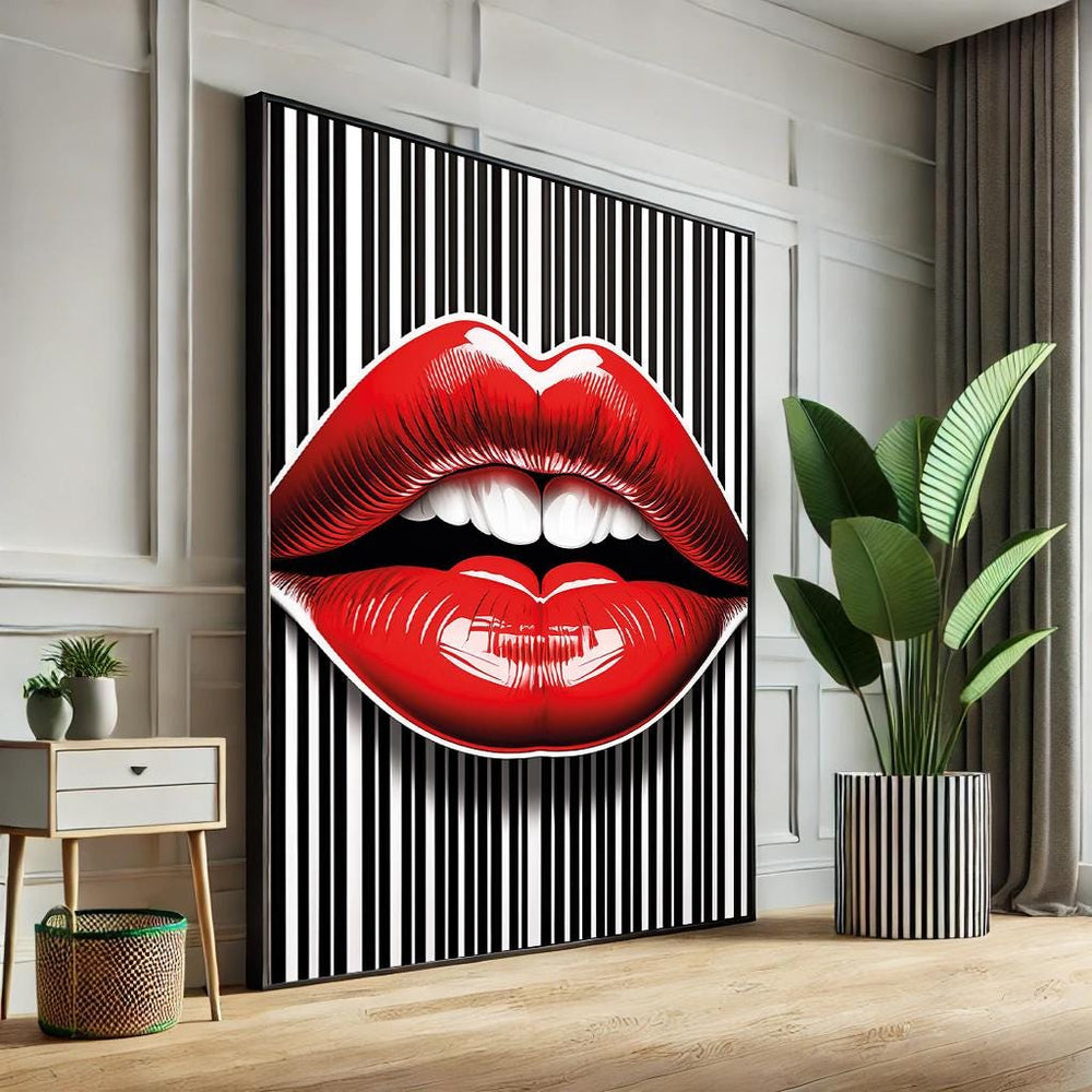 Abstract Lips Pop Art Canvas – Black and White Striped Wall Decor