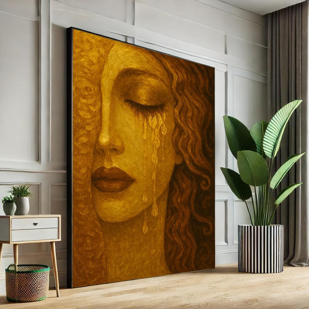 Golden Tears Woman Canvas, Emotional Portrait, Elegant Wall Art
