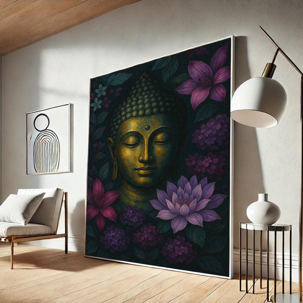 Golden Buddha Canvas Print, Dark Floral Zen Wall Art