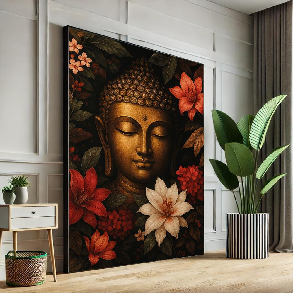 Floral Golden Buddha Canvas, Zen Meditation Art Print