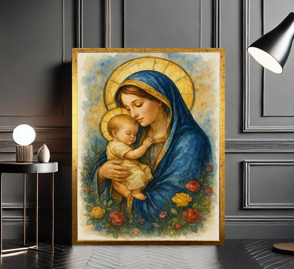 Madonna and Child Canvas, Watercolor Virgin Mary, Catholic Nursery Art