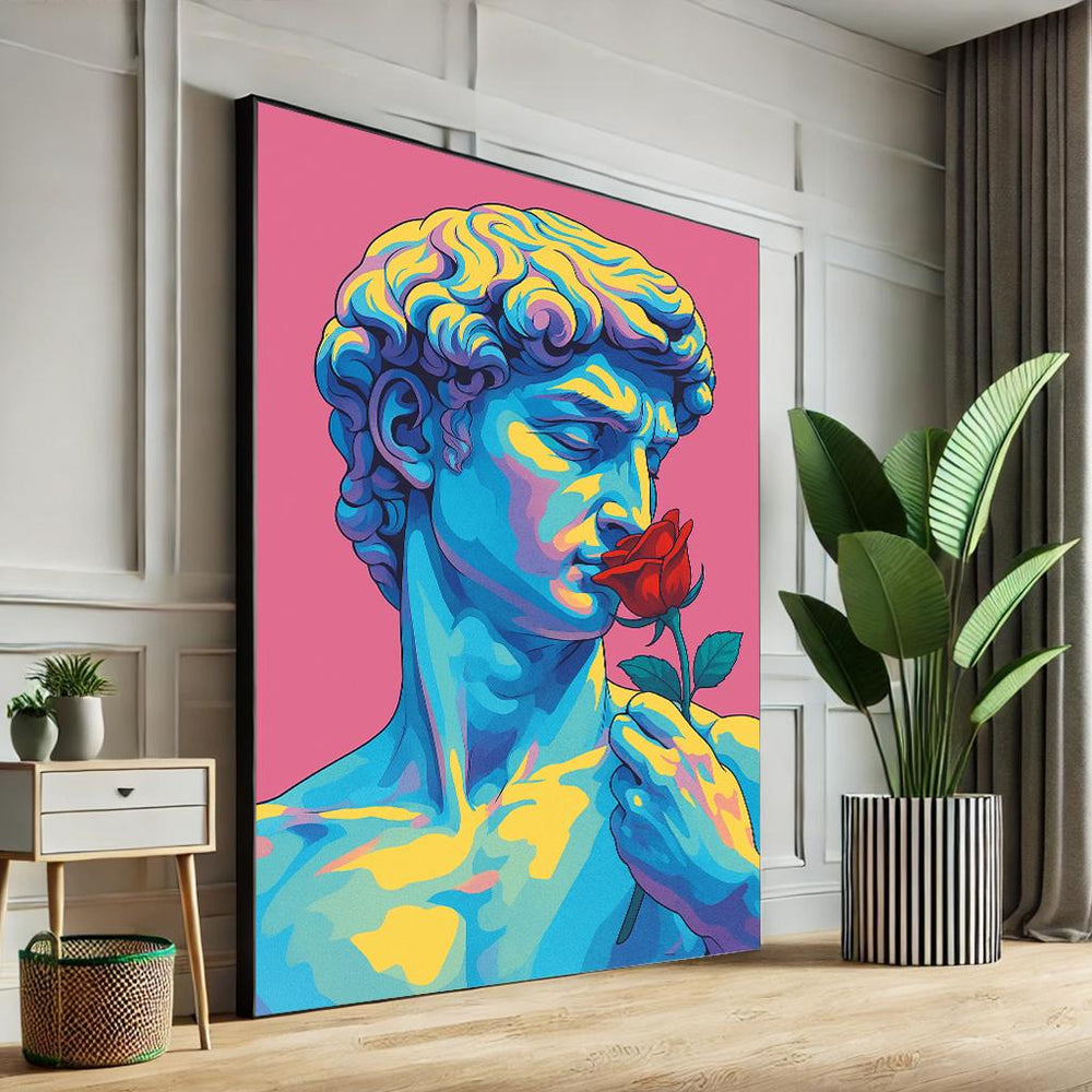 Pop Art David Canvas, Michelangelo Statue with Rose, Retro Home Decor