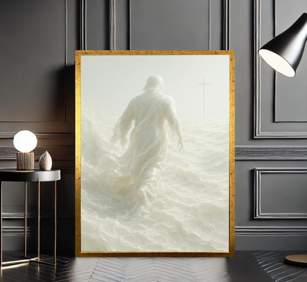 Jesus Walking on Water Canvas, Minimalist Christian Art, Faith Home Decor