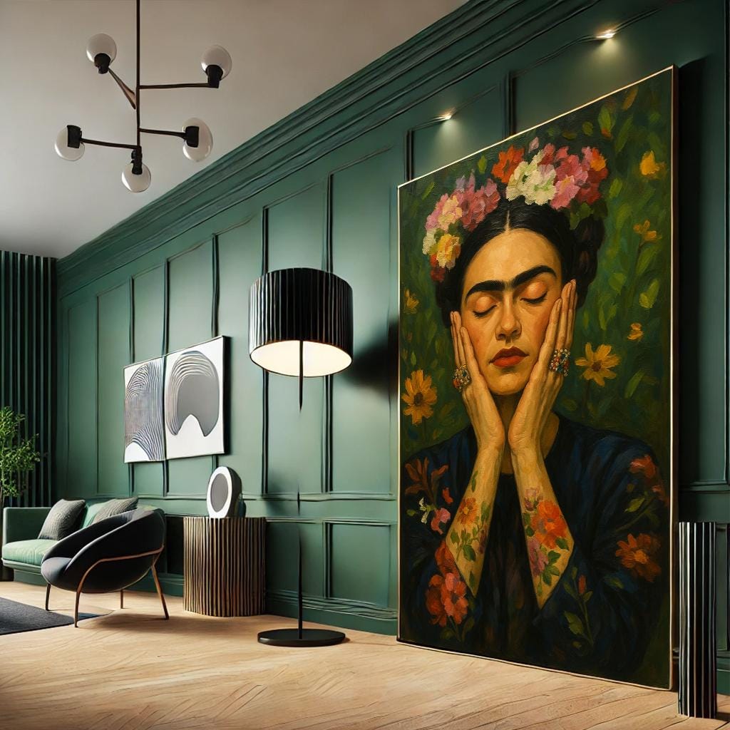 Frida Kahlo Floral Portrait, Mexican Canvas Art Print, Boho Decor
