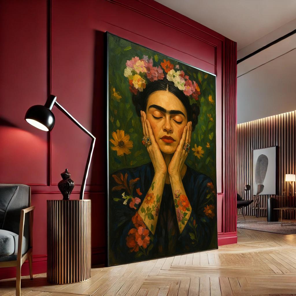 Frida Kahlo Floral Portrait, Mexican Canvas Art Print, Boho Decor