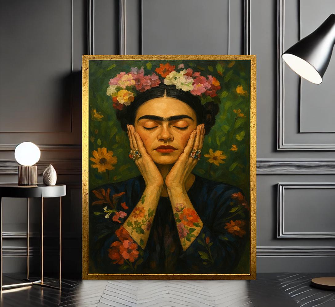 Frida Kahlo Floral Portrait, Mexican Canvas Art Print, Boho Decor