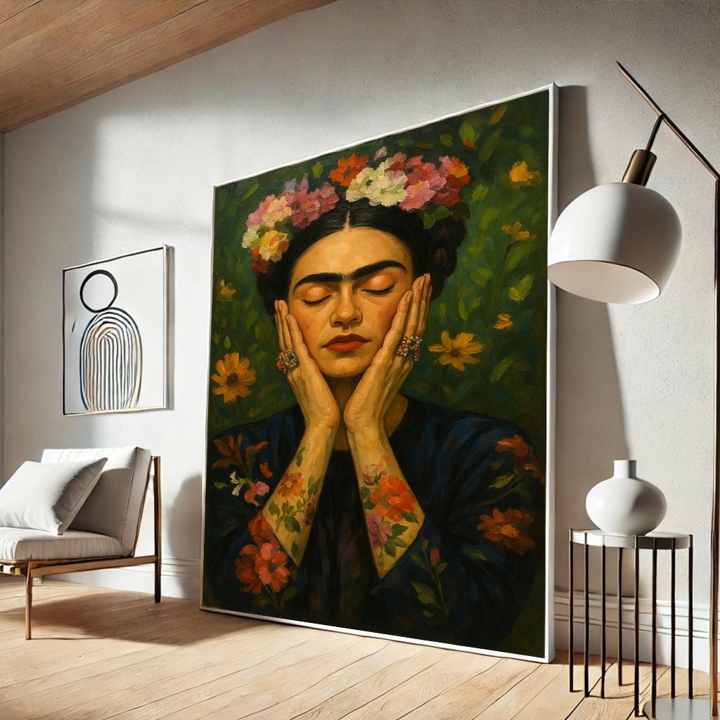 Frida Kahlo Floral Portrait, Mexican Canvas Art Print, Boho Decor