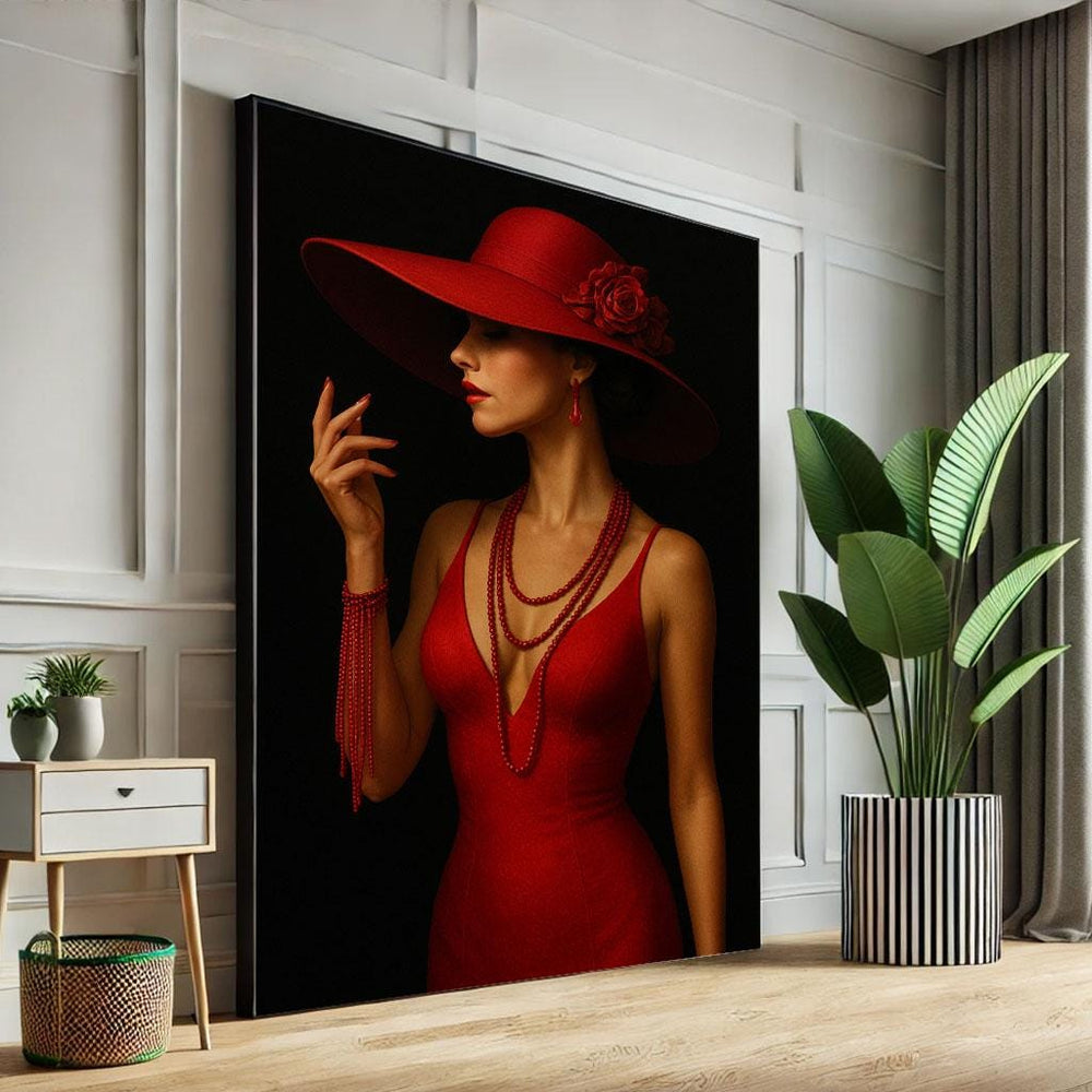 Red Lady Portrait Canvas Print | Elegant Woman in Hat Wall Art