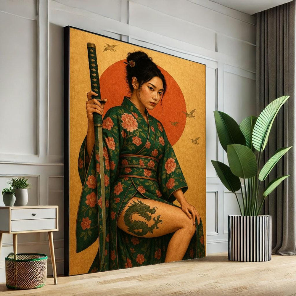 Elegant Samurai Woman Canvas Wall Art Print | Japanese Zen Living Room Decor | Statement Piece