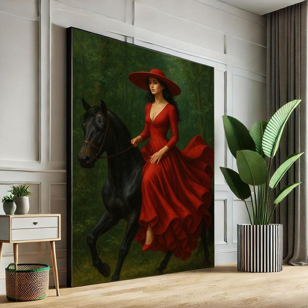 Woman in Red Dress on Horse Canvas Print | Elegant Decor