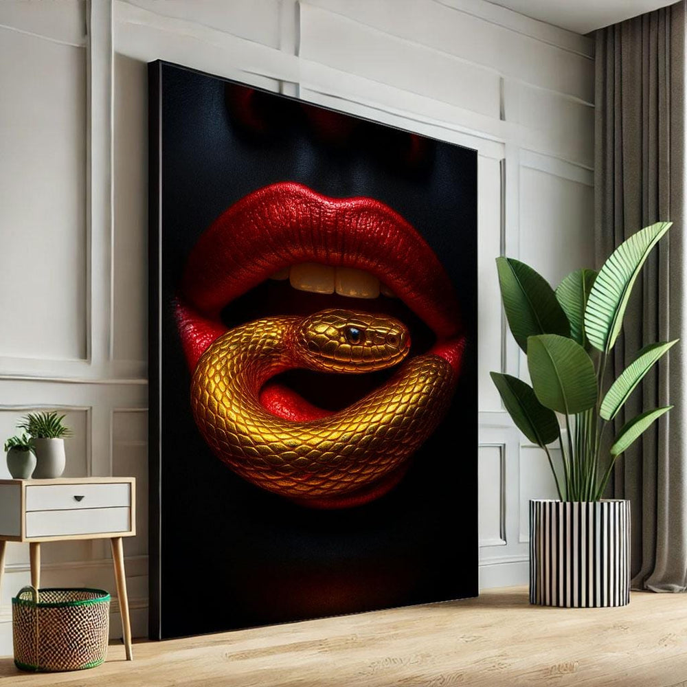 Red Lips Golden Snake Canvas Print | Bold Modern Wall Art