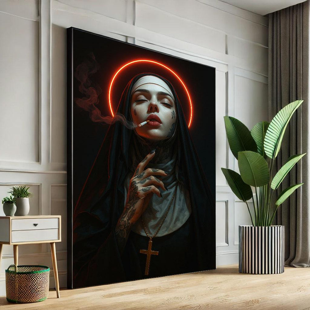 Smoking Nun Canvas Print | Bold Religious Icon, Gothic Decor