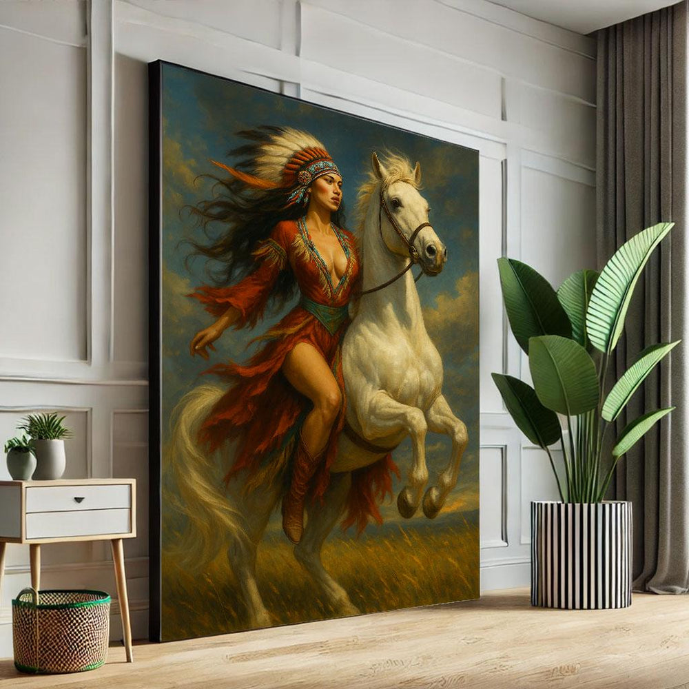 Native American Woman on Horse Canvas Art Print | Statement Piece