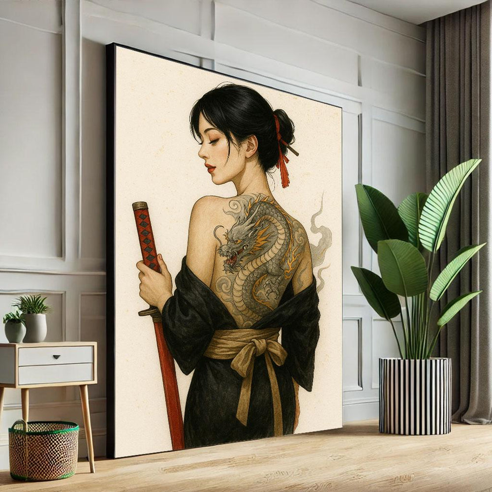 Japanese Woman with Dragon Tattoo Canvas Art | Boho Wall Decor