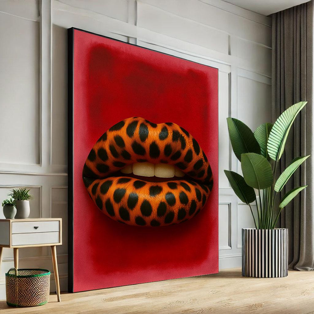 Leopard Print Lips Pop Art Canvas Wall Art Print | Bold Red Living Room Decor | Statement Piece