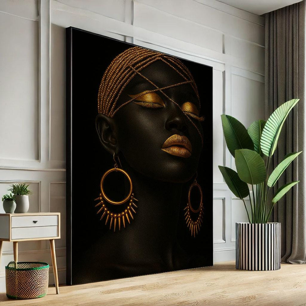 African Woman Portrait Canvas Art | Black and Gold Decor