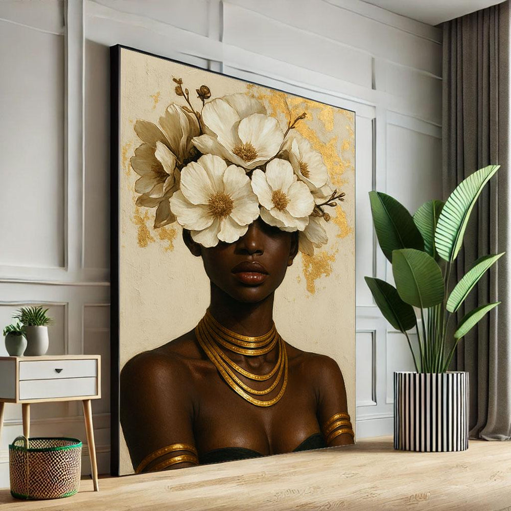 Floral Crown African Woman Canvas Print | Elegant Wall Art
