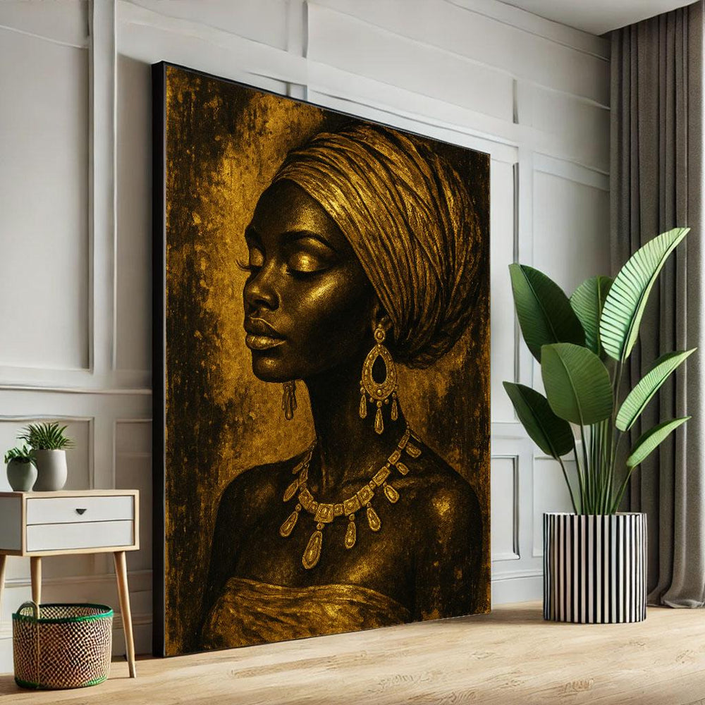 Bold African Woman Portrait Canvas Wall Art Print | Gold Tone Living Room Decor | Statement Piece