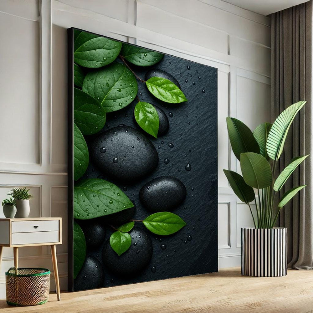 Zen Garden Stones and Leaves Canvas Wall Art Print | Minimalist Green Living Room Decor | Ready to Hang