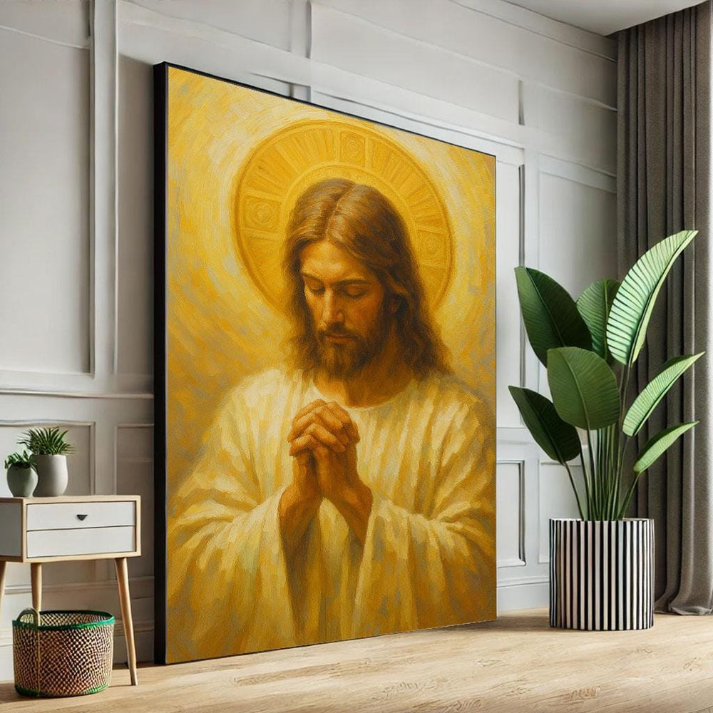 Radiant Jesus Praying Canvas Wall Art Print | Spiritual Living Room Decor | Statement Piece