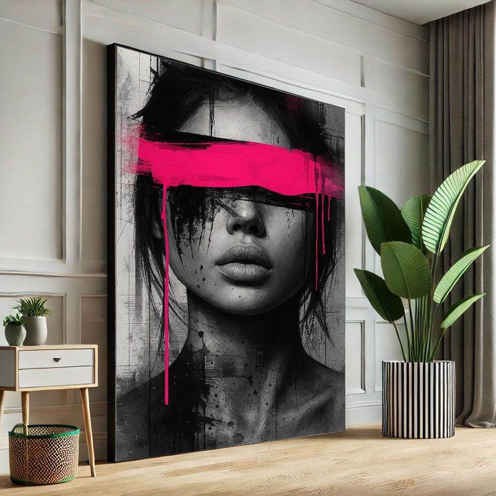 Modern Abstract Woman Portrait Canvas Wall Art Print | Edgy Pink Living Room Decor | Statement Piece