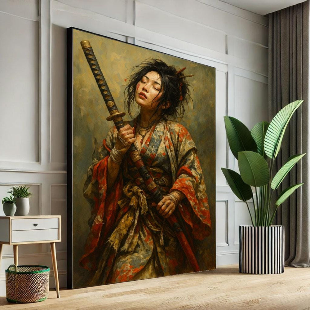 Powerful Samurai Woman Canvas Wall Art Print | Japanese Warrior Living Room Decor | Statement Piece