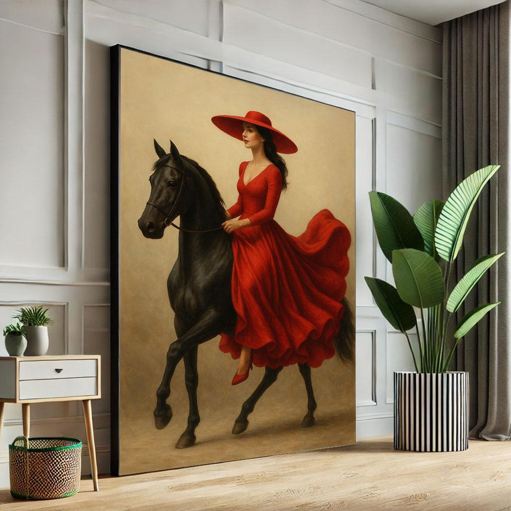 Woman in Red Dress on Horse Canvas Print | Equestrian Wall Art
