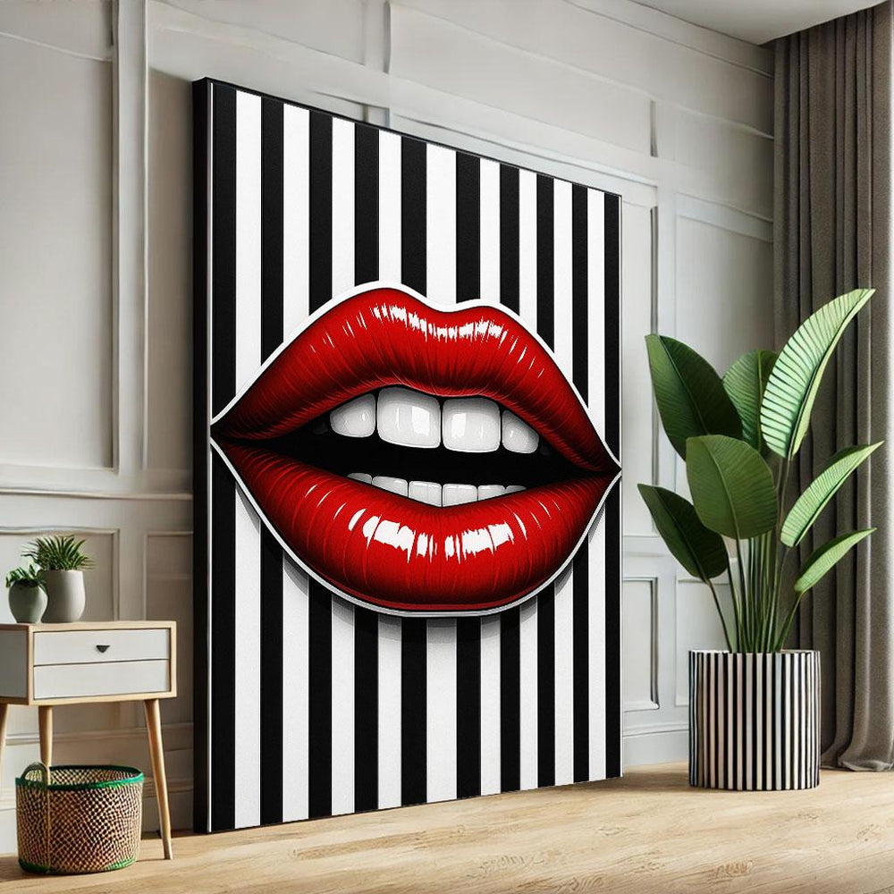 Bold Red Lips Pop Art Canvas Wall Art Print | Modern Black and White Living Room Decor | Statement Piece