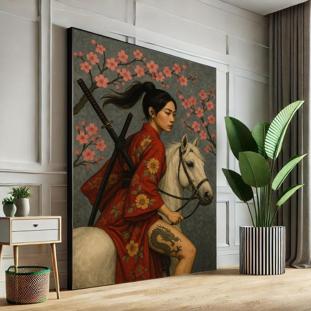 Samurai Woman on Horse Canvas Print | Japanese Decor