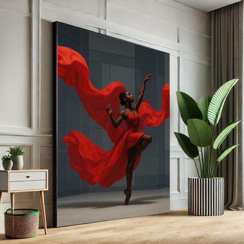 Black Ballerina in Red Dress Canvas Print | Modern Art