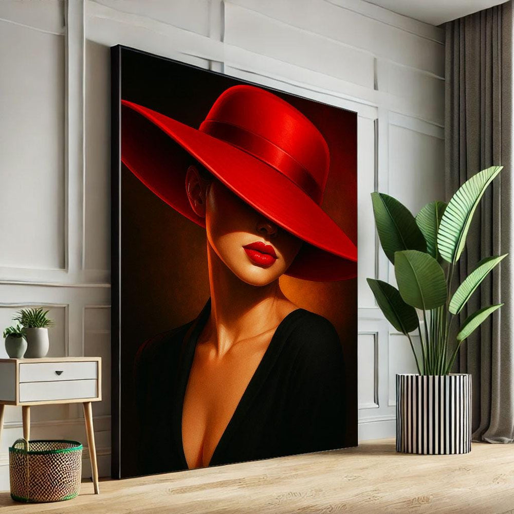 Woman in Red Hat Canvas Print | Modern Glamour Wall Art