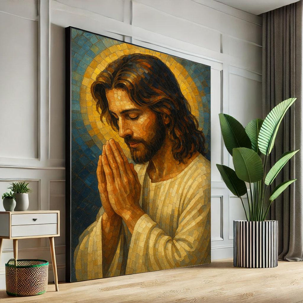 Radiant Jesus Praying Canvas Wall Art Print | Spiritual Living Room Decor | Statement Piece