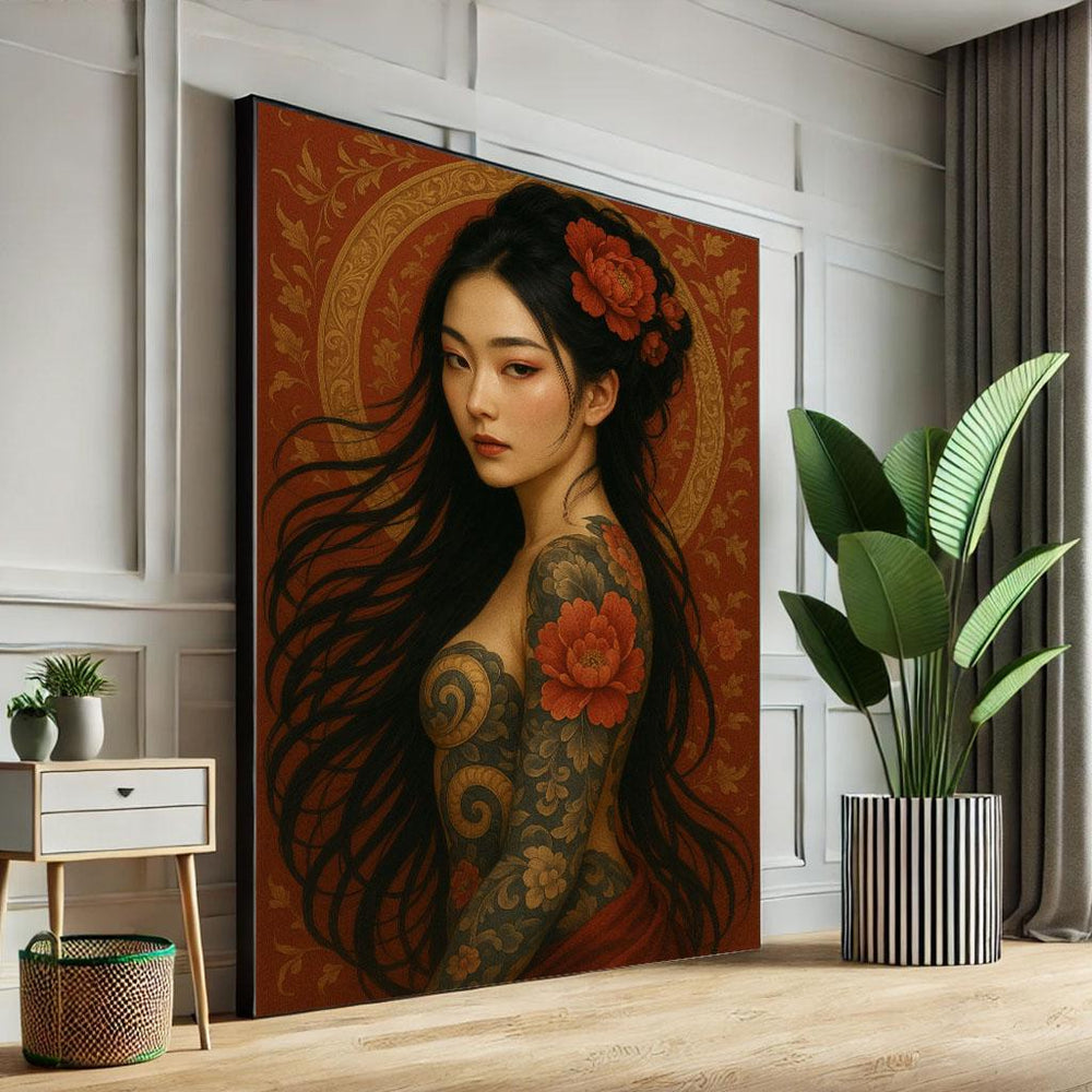 Elegant Japanese Tattooed Woman Canvas Wall Art Print | Boho Bedroom Decor | Statement Piece