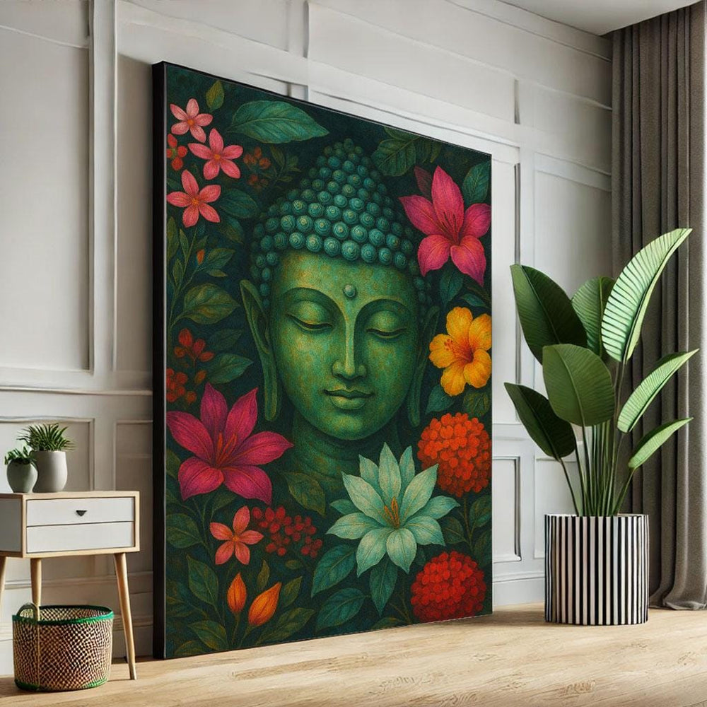 Serene Buddha Floral Canvas Wall Art Print | Vibrant Living Room Decor | Statement Piece