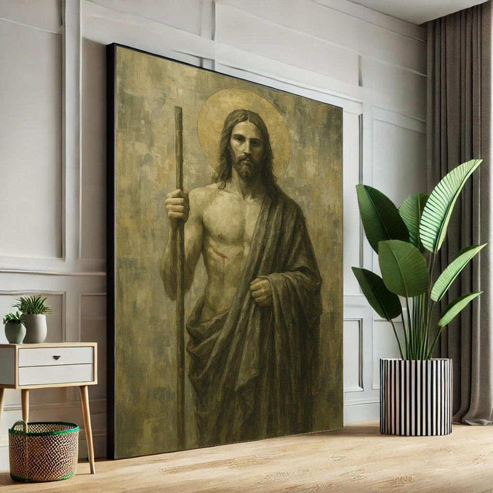 Radiant Jesus with Staff Canvas Wall Art Print | Spiritual Living Room Decor | Statement Piece