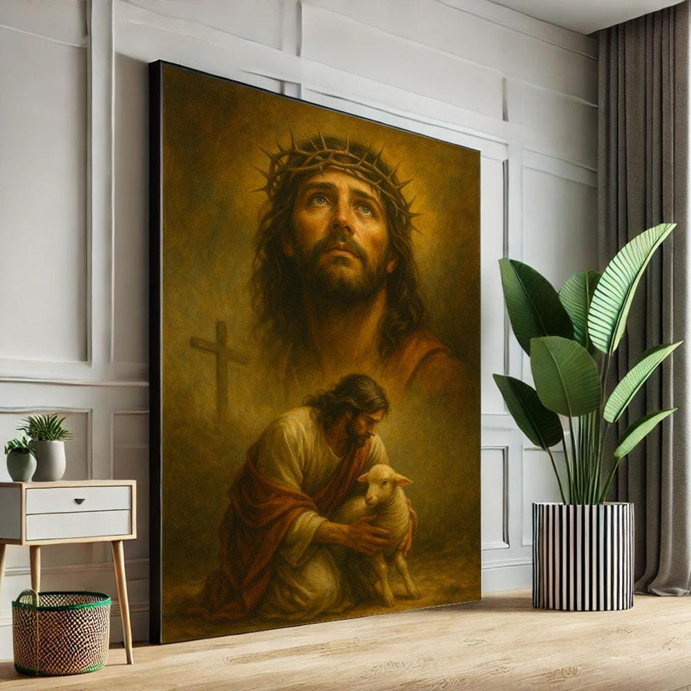 Radiant Jesus with Lamb Canvas Wall Art Print  Spiritual Living Room Decor  Statement Piece