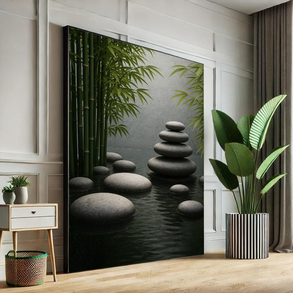 Zen Stone & Bamboo Canvas Print: Minimalist Serene Wall Art