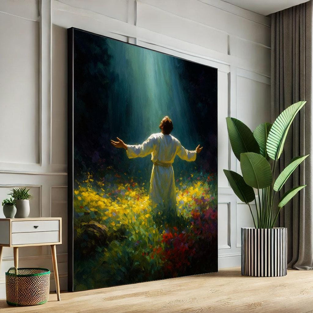 Radiant Jesus in Light Canvas Wall Art Print  Spiritual Living Room Decor  Statement Piece